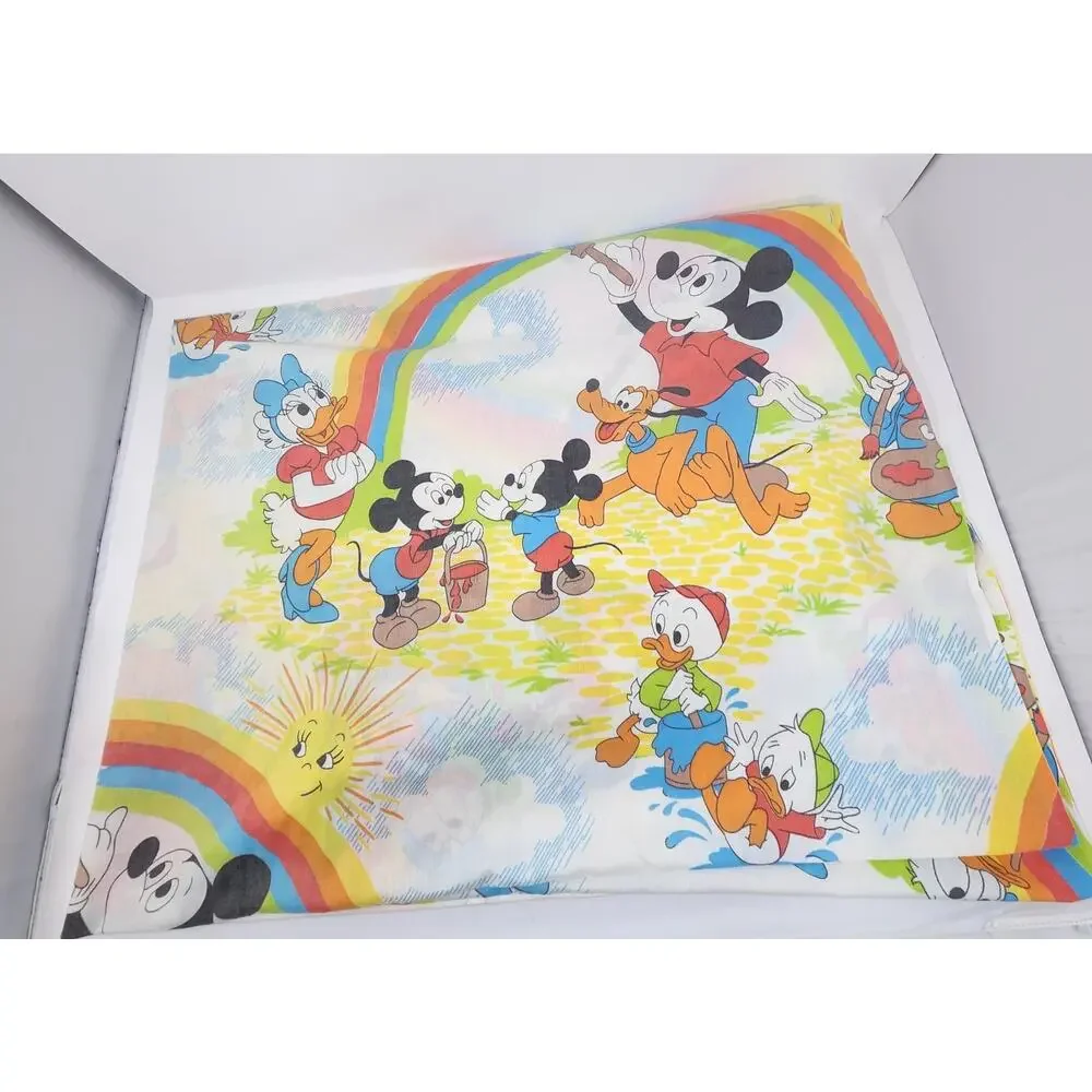 Vtg Mickey Mouse Twin Sheet Set Donald Duck Pluto Painting Rainbow 3pc Disney
